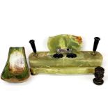 An onyx desk stand, W. 28, together with a bronze seal and pipe rack.