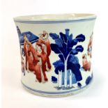 A Chinese hand painted porcelain brush pot, H. 16cm, Dia. 19cm.