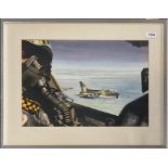 A framed watercolour of fighter jets signed R.Figg'80, frame size 48 x 63cm.