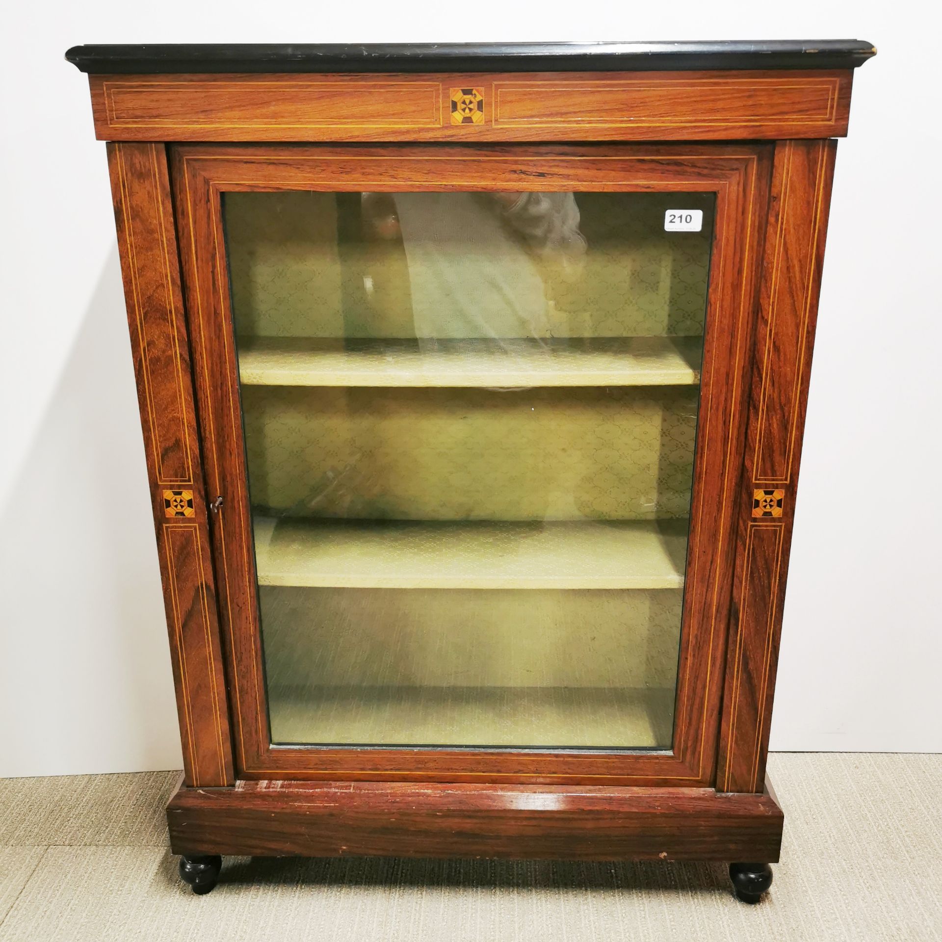 A 20th C stained mahogany display cabinet with green fitted interior and geometric inlaid - Image 2 of 4