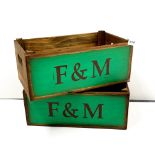 Two wooden advertising boxes, 44 x 25 x 18cm.
