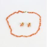 A coral necklace with 925 silver gilt clasp, L. 44cm, together with yellow metal carved coral