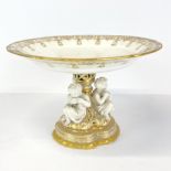 A fine 19th century gilt white porcelain cherub comport, dia. 27cm, H. 18cm.