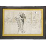 A framed pencil sketch of men dancing together, understood to be by Marcel Vertes or Tibor Polya,