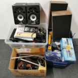 An extensive quantity of Hi-Fi cables, speakers, guitar related items, etc.