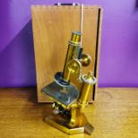 A cased R&J Beck Ltd brass microscope.