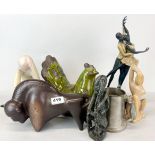 A group of mixed stone, ceramic and other items, bull A/F to one horn, dancing figures slightly A/