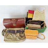 A group of mixed vintage handbags with a vintage briefcase and shoulder bag.