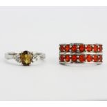 A Mexican fire opal set 925 silver ring together with an ambilobe sphene and white zircon set 925