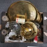 A box of mixed quantity of brass, silverplate and other metalware.