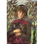 An unframed 19th century oil on canvas of a girl with a small dog, 55 x 79cm. A/F.