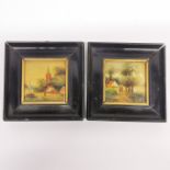 A pair of framed continental miniatures on porcelain, 12 x 12cm.