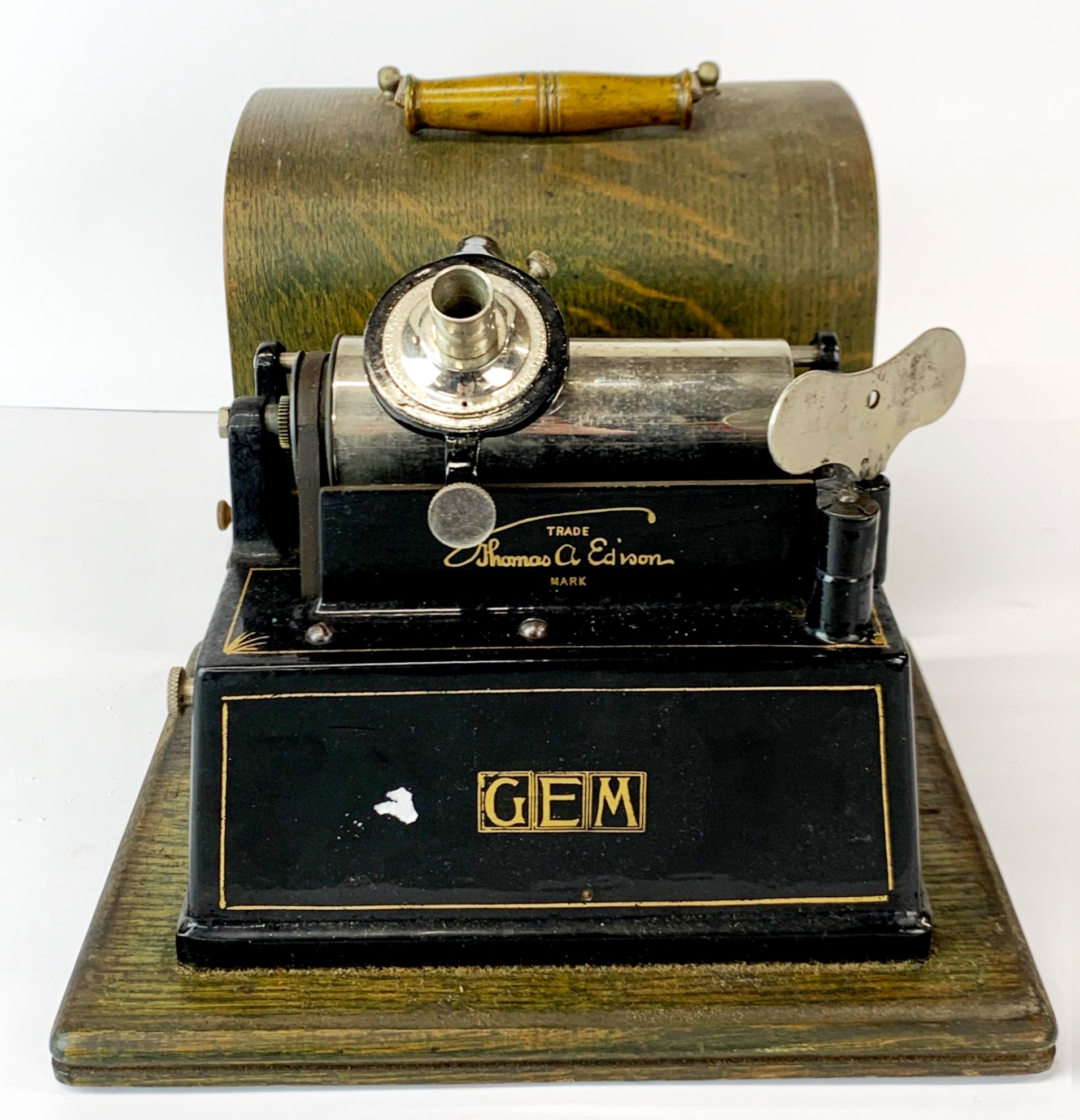 An early cased Thomas Edison gem wax cylinder phonograph. No horn or cylinders.