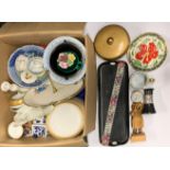 A box of mixed china and other items.