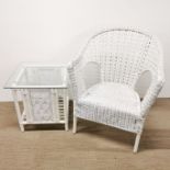 A white painted wicker armchair together with a similar design glass topped table, 50 x 50 x 50cm.