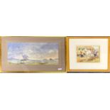 A gilt framed watercolour of a steam sailing ship in rough sea initialled CCB, frame size 76 x 46cm,