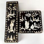 Two antique Chinese papier mache boxes inlaid with mother of pearl, 14.5 x 15 x 6cm and 27 x 8 x