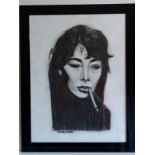 Marit Refsnes, "La jolie mome (pretty girl)", charcoal on art paper, framed with a black wood frame,