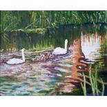 Dziuginta Didziokaite, "Swans", oil on canvas, framed 56 x 66cm, c. 2023. UK shpping £35.