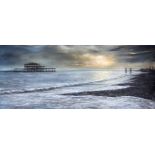 Alexandra Lavizzari, "The old Brighton pier", framed 38 x 68cm, c. 2023. Atmospheric seascape with