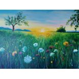 Ana Leban, "Blooming meadow", acrylic, framed 65 x 85cm, c. 2022. Meadow of flowers, on the sunny