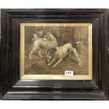 E. Aistrop: A pair of signed framed oils behind glass of dogs with a rat, frame size 46 x 38cm.
