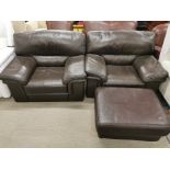 A pair of large faux leather armchairs and one matching footstool, 113 x 85cm.