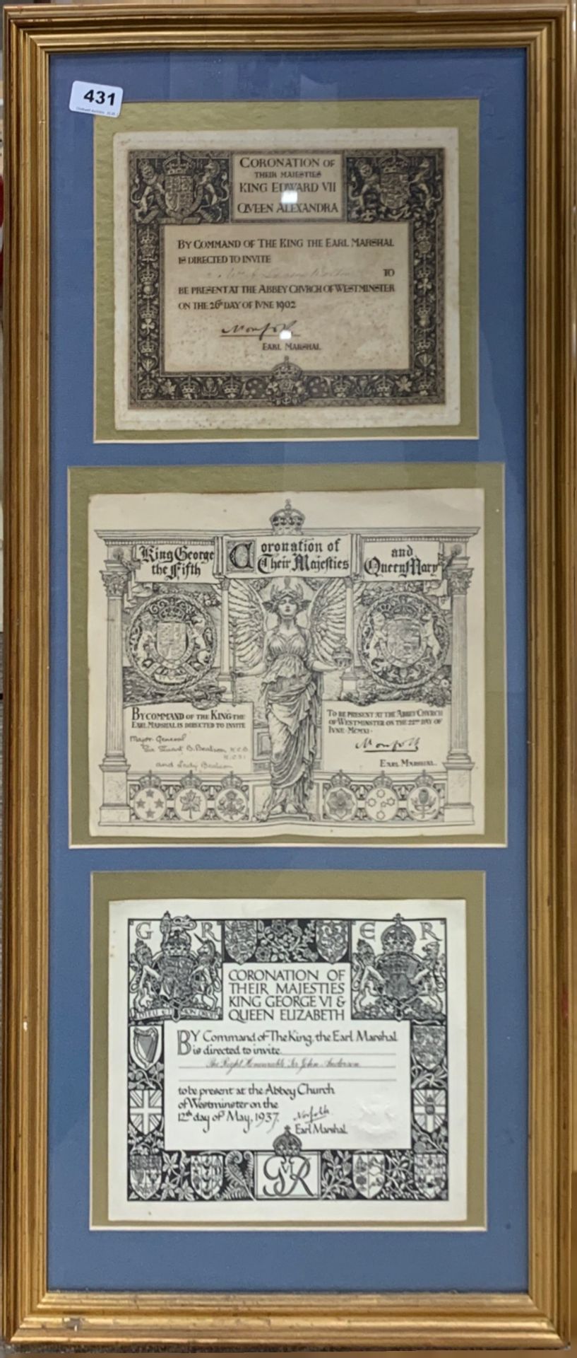 A gilt framed group of three original invitations to the coronations in 1902, 1911 and 1937, 43 x