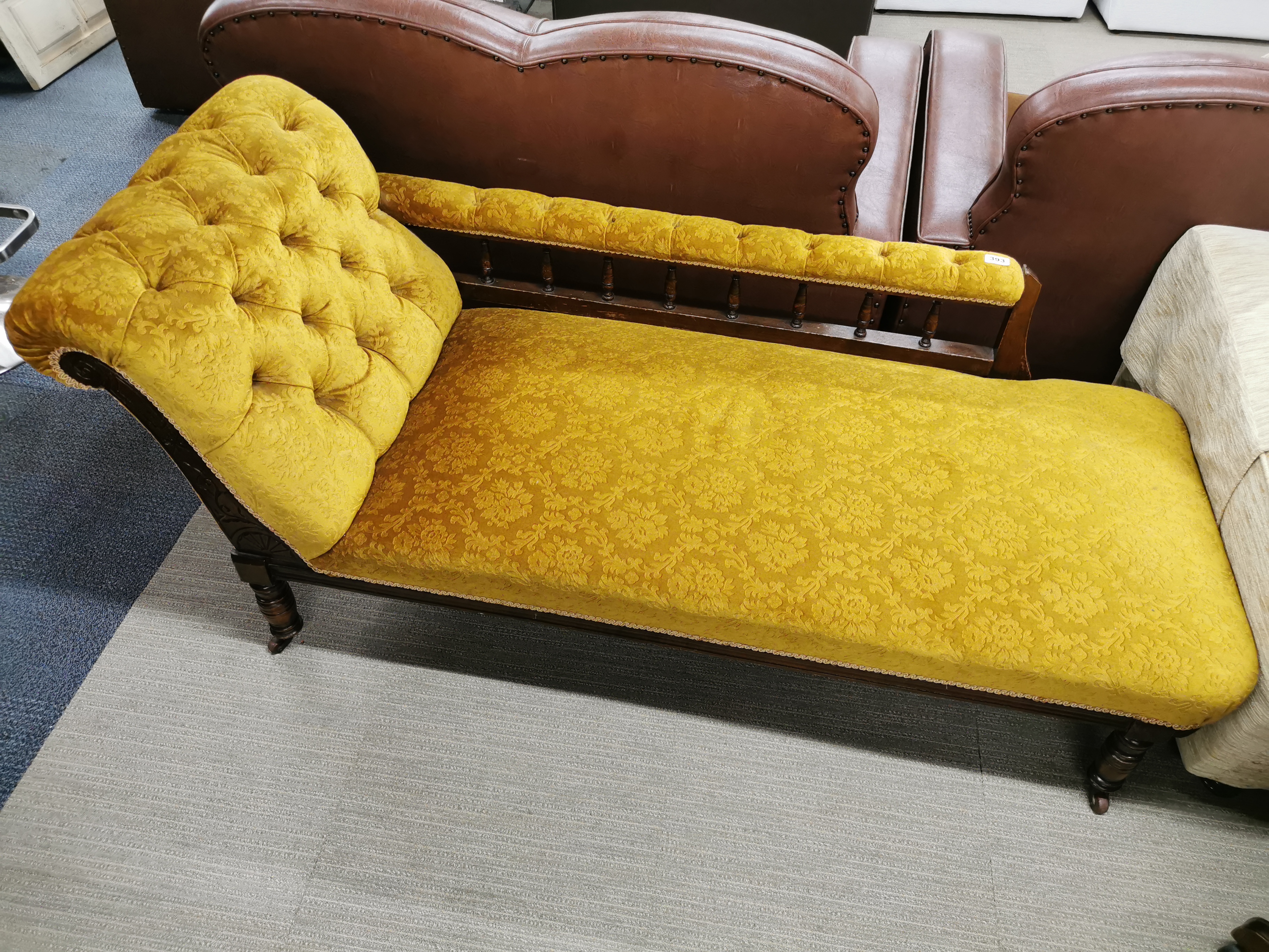 A carved mahogany and button backed, floral upholstered chaise longue on castors, L. 165cm. One - Image 2 of 5