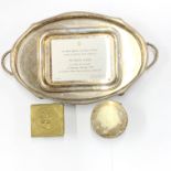 A silver plated gallery tray together with a silverplated mounted invitation from the Prince of
