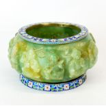 An impressive Russian .84 silver gilt and enamel mounted carved Chinese jade bowl, dia. 15cm.