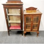 A three shelf inlaid mahogany display cabinet, together with a burr walnut veneered display