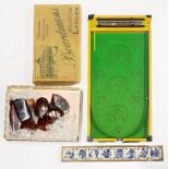 A bagatelle, a quantity of antique tortoise shell items, a costumiers box and a set of tiles.