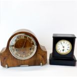 An Art Deco inlaid chiming mantel clock, H. 22cm, together with a slate mantle clock.