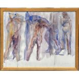A pencil signed watercolour on wet paper of naked figures, frame size 61 x 81cm.