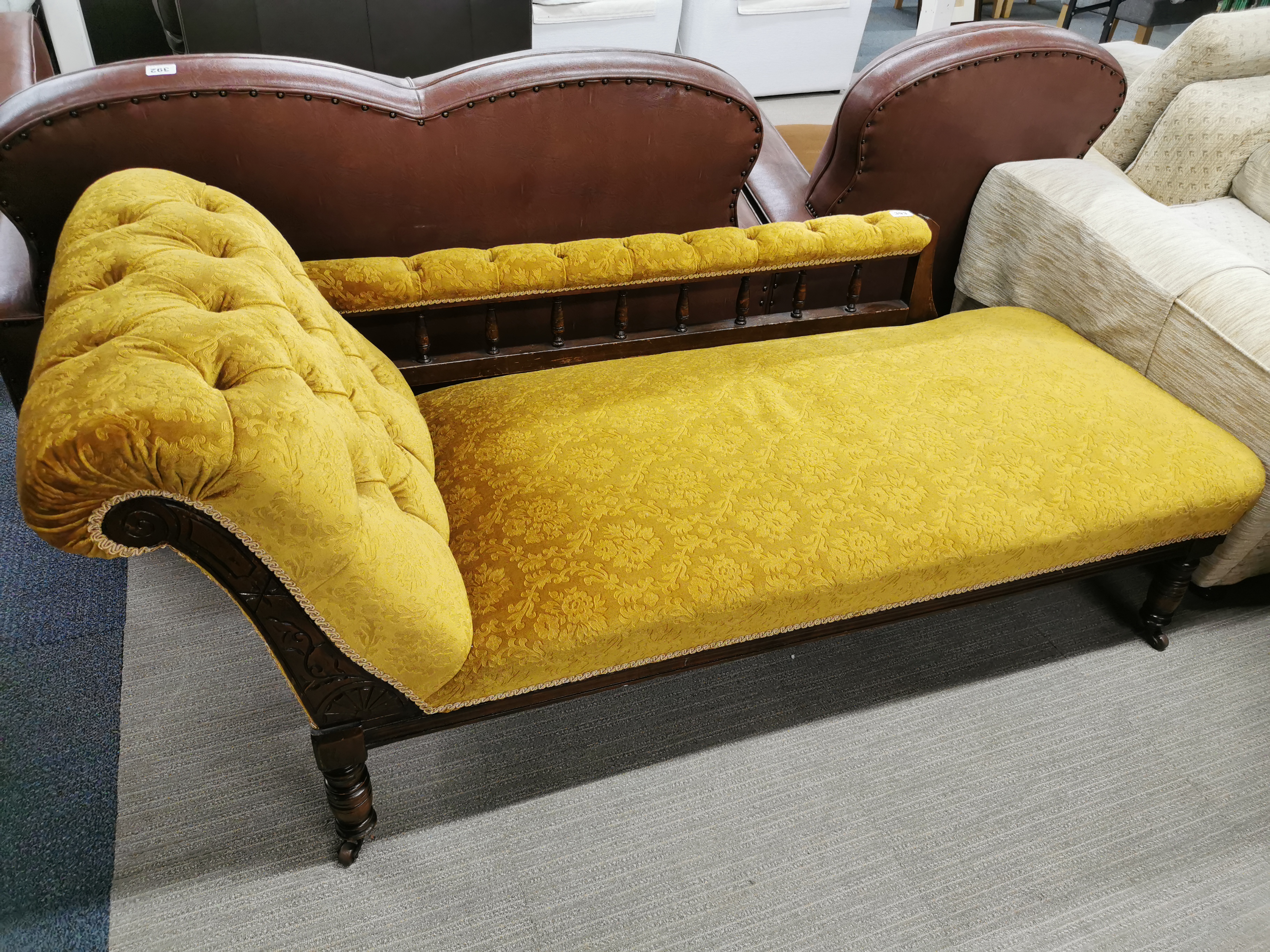 A carved mahogany and button backed, floral upholstered chaise longue on castors, L. 165cm. One - Image 5 of 5