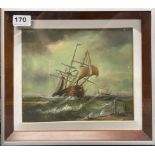 A framed oil on board behind glass of sailing ships in rough sea, signed Frankir.