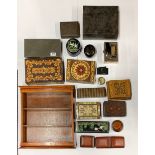 A collection of mixed pewter, wood and other boxes including a small wooden shelf unit H. 40cm,