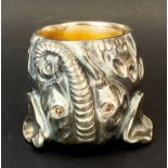 A Russian .88 silver gilt lined elephant cup with cabochon ruby eyes, H. 7.5cm.