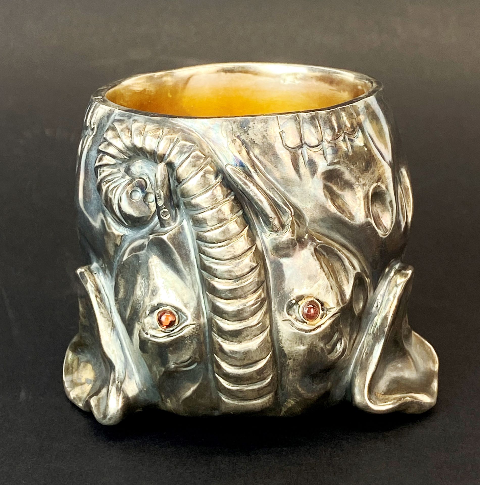 A Russian .88 silver gilt lined elephant cup with cabochon ruby eyes, H. 7.5cm.