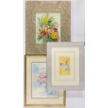 A framed watercolour signed E. Morton, frame 44 x 50cm together with two pencil signed lithographs.