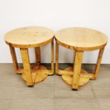 A pair of maple veneered circular side tables, H. 64cm, Dia. 60cm.