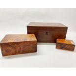 A burr walnut veneered humidor, 33 x 19 x 15cm together with a burr wood jewellery box and a burr