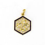 A yellow metal (tested high-carat gold) flower pendant set with round cut white sapphires, L. 2.