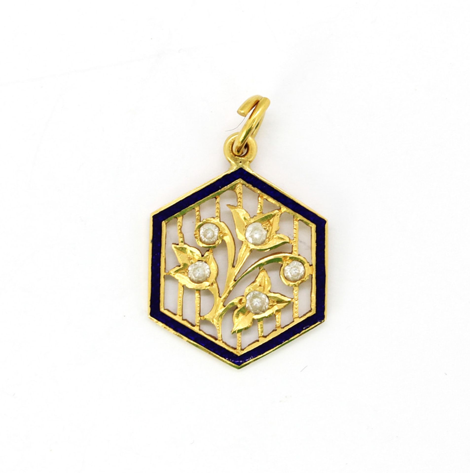A yellow metal (tested high-carat gold) flower pendant set with round cut white sapphires, L. 2.