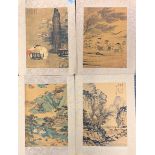 A group of four unframed Chinese silk mounted pictures, 28 x 36cm.