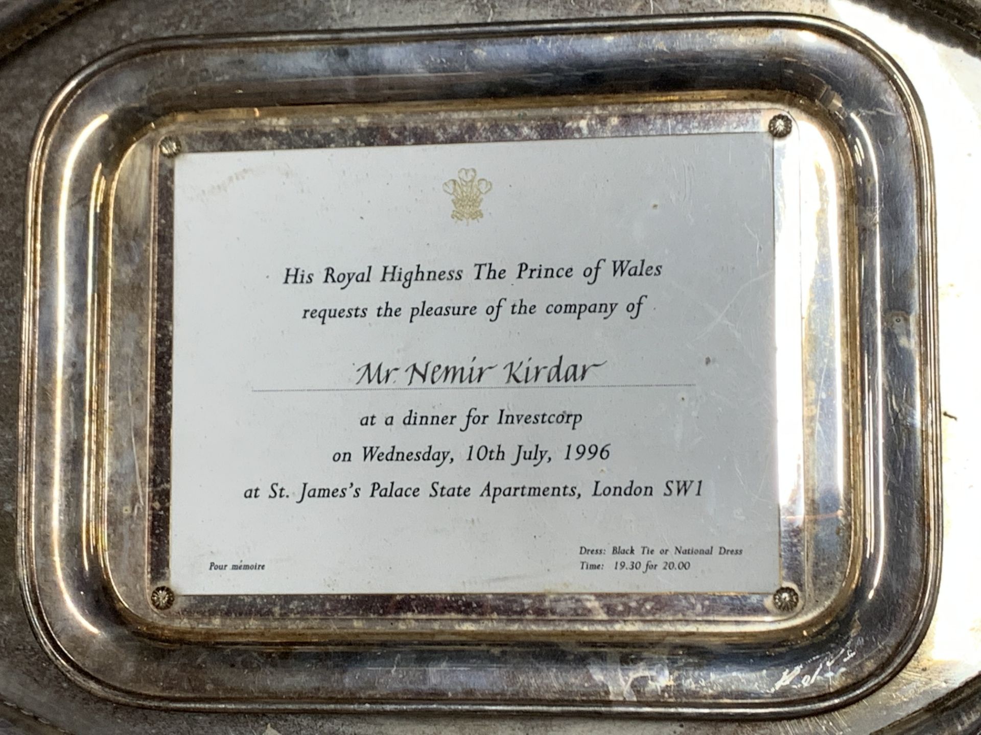 A silver plated gallery tray together with a silverplated mounted invitation from the Prince of - Image 2 of 2