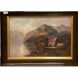 A pair of large framed oils on canvas of Scottish highland scenes by Aubrey Raumos, frame size 53