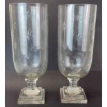 A pair of etched glass storm lanterns/vases, H. 40cm.