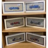 Rex Hayes and Roy Knockolds, a set of six original framed collages of racing cars, frame size 39 x